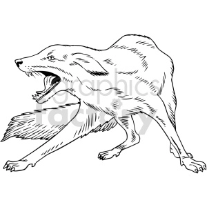 This is a black and white clipart image of a fox. The fox is depicted in mid-stride with its mouth open, as if it is running and possibly vocalizing at the same time. The drawing is stylized with emphasis on the outlines and some internal detailing to suggest the texture of fur.