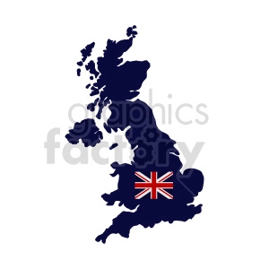 The image is a simplistic representation of the map of Great Britain with the flag of the United Kingdom, commonly known as the Union Jack, superimposed on the southeastern part of the country.