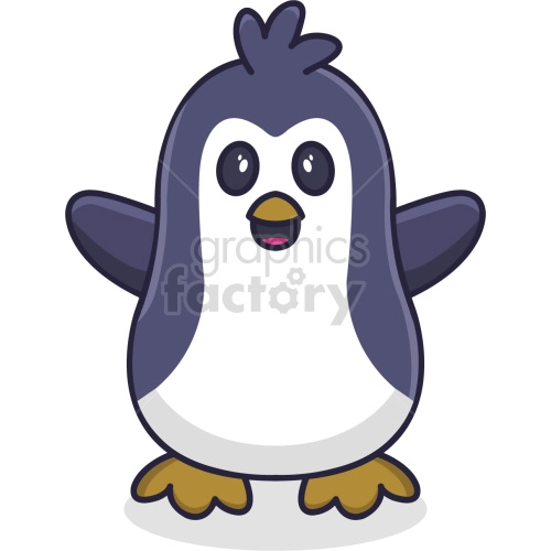 The clipart image features a cartoon-style illustration of a penguin. This penguin is characterized by its large, expressive eyes, a small tuft of hair at the top of its head, and a happy demeanor. Its wings are outstretched as if greeting someone or showing excitement.