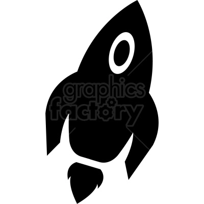 The clipart image depicts a cartoon-style rocket in silhouette form, suggesting that it is either flying through space or blasting off from the ground. The rocket has an exaggerated and fun design with a large circular body, thin fins, and a pointed nose cone.
