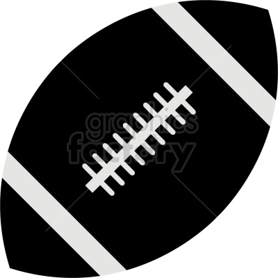 The clipart image shows a black and white vector illustration of a football, which is an oval-shaped ball used in the sport of American football. The image depicts the classic lacing pattern of a football with a curved end at each side.
