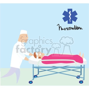 The clipart image depicts a healthcare scene. It shows a figure in a white coat, interpreted as a doctor or paramedic, pushing a hospital bed or gurney with a patient on it. The patient is covered with a pink blanket, and the doctor appears to be taking care of the patient. In the background, there's a symbol commonly associated with medical services, the Star of Life with the rod of Asclepius.