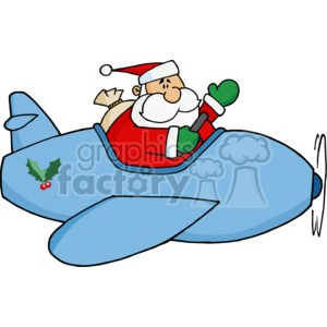A Golly Santa Flying a Blue Airplane with a holly decoration on it