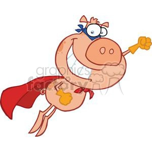 The image is a clipart illustration of a whimsical character that's a pig dressed as a superhero. The pig has a big smile, a red superhero cape, a red mask around its eyes, and is striking a flying pose with one arm extended forward. It also has a small yellow star symbol on its chest and is wearing a pair of tidy white briefs with a red ribbon tied around the waist. The pig is stylized with exaggerated features such as big eyes and a large head in comparison to the body, enhancing its funny and lighthearted appearance.