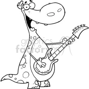 The clipart image features a cartoon dinosaur with spots on its skin. The dinosaur is standing upright and playing an electric guitar. It appears to be singing or making a sound as it plays, with its mouth open wide and an enthusiastic expression on its face.