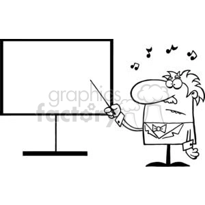 This clipart image depicts a cartoon character resembling a music professor or conductor. The character has a frazzled appearance, with messy hair and a slightly bewildered expression. He is holding a baton in his right hand, pointing towards a blank presentation board or music stand, suggesting he is ready to teach or conduct. Musical notes are floating in the air near his head, indicating the musical context. He's wearing a suit with a bow tie, which is a common stereotypical attire for a music professional in a formal setting.