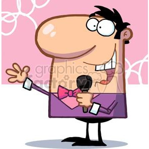 This clipart image depicts a funny, exaggerated cartoon character. The character has a large, round nose, black hair, and is wearing glasses. He's dressed in a purple shirt with a pink bow tie and is holding a microphone, suggesting he might be a host, singer, or comedian. His whimsical expression, with one eyebrow raised and a half-smile, adds to the comic effect. The background is pink with a white, doodle-like pattern.