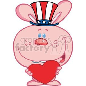 This clipart image features a whimsical, cartoon-style bunny with a humorous expression, holding a large red heart lovingly. The bunny is wearing a patriotic top hat adorned with the American flag pattern of stars and stripes in red, white, and blue. The bunny's oversized ears protrude playfully on either side of the hat.