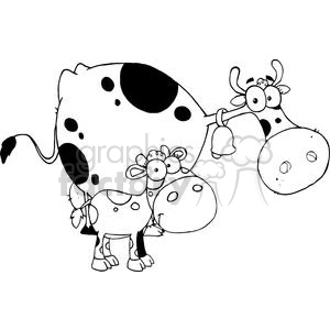The clipart image shows a cartoonish representation of three comical cows with exaggerated facial expressions and features. The cows are drawn in a simple, whimsical style, typical of humorous illustrations aimed at children. One cow appears to be looking at the viewer with big eyes and a bell around its neck, another has its tongue out, and the third is slightly behind the other two, also with a playful expression.