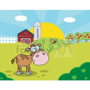The image is a colorful and cartoonish depiction of a farm scene. It features a comical baby cow standing in the foreground with a large, amusing expression on its face. In the background, there is a classic red barn with white trim and a gray silo next to it. The farm is surrounded by lush green grass and rolling hills. There are apple trees on a hill with red apples, a little white fence, a clear blue sky with a few fluffy clouds, and a bright yellow sun. To the right, a friendly looking bee is buzzing in the air.