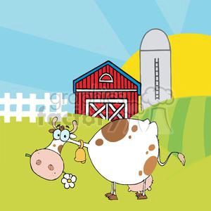 The clipart image features a whimsical farm scene. There's a cartoon cow with brown spots in the foreground, with a bell around its neck, chewing on a white flower. Behind the cow is a classic red barn with white trimming and cross-hatched doors, a white fence, and a silver silo. The background consists of green rolling hills and a bright blue sky with a yellow sun.
