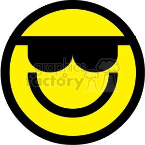 The clipart image depicts a yellow smiley face emoticon wearing black sunglasses, giving off a cool and relaxed vibe typically associated with summer. The emoticon has a wide smile, adding a comical and fun element to the image.