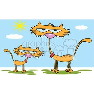 The clipart image depicts two whimsical and cartoonish orange cats with prominent, exaggerated expressions. The background is a simple blue sky dotted with a few clouds and a bright yellow sun. One cat is standing with its body slouched, displaying a mischievous half-closed eye gaze. The other cat is in a funny stretched position with its back arched. Both cats appear to be quite goofy and are wearing red collars, implying domestication.