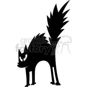 The image is a black and white clipart of a comical black cat. The cat features exaggerated spiky fur, an arched back, and a startled or alarmed expression with large eyes. Its tail is oversized and bushy, contributing to the humorous aspect of the image.