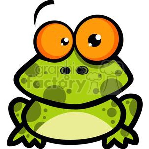 This image features a clipart representation of a comical frog. The frog is characterized by its exaggerated, large orange eyes, and a wide, pleasant smile. Its body is green with lighter green and yellow spots, and it has a pale yellow belly. The frog appears to be sitting with its hind legs shown in a relaxed position.