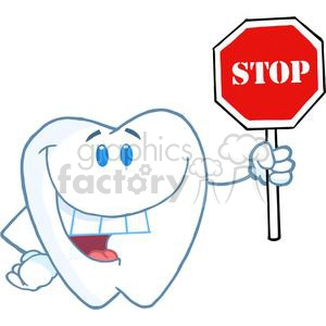 The clipart image features a cartoon of a smiling tooth with eyes, hands, and mouth, holding up a stop sign. The tooth is anthropomorphized to convey a message or represent a concept likely related to dental health or dental practices.