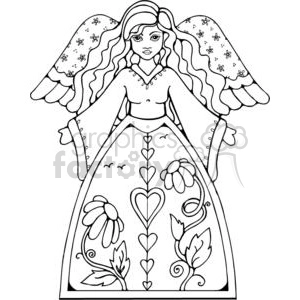 The image depicts a line art drawing of a female angel. She has prominent, decorative wings adorned with flowers, and is wearing a flowing gown that features floral and heart motifs. Her hair is long and appears to be gently waving, adding to the ethereal quality of the image. The style is simplistic and reminiscent of illustrations commonly used for coloring books.