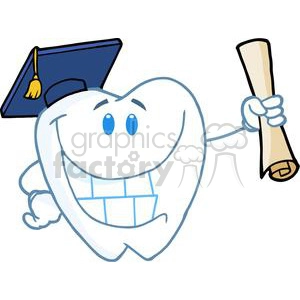 The clipart image features a stylized representation of a smiling tooth character. The tooth has a pair of blue eyes and is wearing a black graduation cap with a gold tassel on the top left. The character's right hand (with fingers) is holding a diploma, which is rolled up and tied with a ribbon.