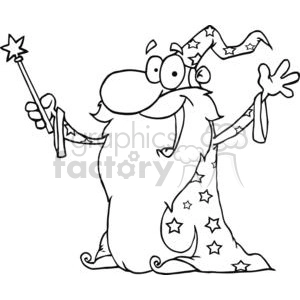 Black and white Wizard waving wearing a cape holding a magic wand