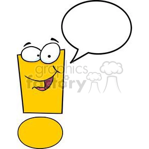 The clipart image shows a stylized yellow exclamation mark with anthropomorphic features. It has a face with big round eyes and glasses, a wide open mouth with a tongue showing as if it's talking or expressing surprise, and a speech bubble coming out of its head, indicating that it's about to say something.