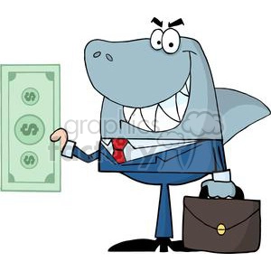 The clipart image features an anthropomorphic shark dressed in business attire, including a suit, tie, and collared shirt, smiling widely and holding a briefcase in one hand and a dollar bill in the other. The shark's expression and attire allude to a metaphor often used for deceitful or sneaky business practices in the corporate world, suggesting a 'shark in a suit' trope.