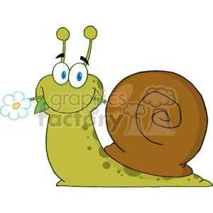 The image depicts a cartoon snail with a light brown shell and a green body. The snail has two stalked eyes with blue irises and black pupils, giving it a friendly and amusing appearance. It has a happy facial expression and is holding a white flower with a yellow center in its mouth. The snail appears to be on a flat surface.