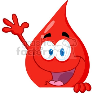 The clipart image features a funny and comical anthropomorphic blood drop character. The blood drop has a cartoonish face, with large googly eyes, a joyful expression, and one hand raised as if waving. The character is predominantly red, evocative of blood, and seems to be related to medical themes, likely blood donation or health care initiatives.