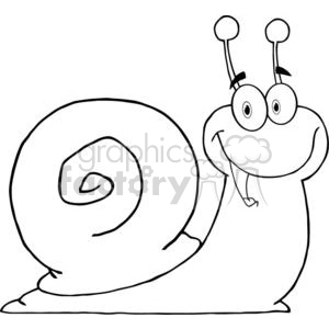 The clipart image shows a cartoon snail. The snail is depicted with a large spiral shell and a comical facial expression. It has large, round eyes on stalks and seems to be smiling or grinning. The snail's body beneath the shell appears plump, and one of its antennae-like eyestalks is raised higher than the other, adding to its whimsical appearance. It has a simple line drawing style without any shading.