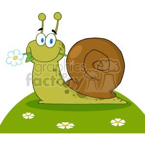 In the image, there is a cartoon snail with a bright, cheerful expression on a grassy mound. The snail has a sizable, brown spiral shell on its back and is a green-yellow color with dark green spots. It has large blue eyes with black pupils, two long antennae on top of its head, and a pleasant smile. The snail is holding a small white flower with a yellow center in its mouth, and there are a few more of these flowers scattered on the grass around it.