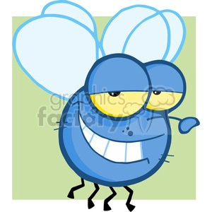 This image depicts a comical cartoon fly. The fly has large, exaggerated features such as big, round eyes with yellow sclerae, a broad smile showing white teeth, and oversized transparent wings on its back. The fly's body is blue and rotund, with a lighter blue underbelly. It has four thin black legs. The background consists of a simple pale green color, giving the fly prominence in the image.