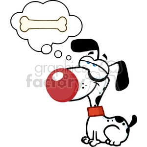 The image is a clipart depicting a comical dog dreaming about a bone. The dog appears to be happy, as indicated by the smile on its face and the dream bubble with a bone. The dog is wearing a collar and has a large, red, clown-like nose, which contributes to the funny, whimsical nature of the clipart.