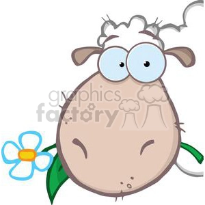 The image is a cartoon depiction of a sheep with exaggerated features, creating a humorous and cute representation. The sheep has large, round, googly eyes, a tuft of hair on its head, and a round body. Additionally, there is a simple flower with a blue petal and a yellow center to the side of the sheep, suggesting a pastoral or farm setting.
