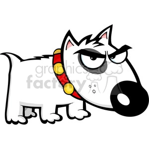 The image is a cartoon of an angry-looking dog. The dog appears to be white with black spots, including a patch over one eye, and it has a stern or grumpy expression. Its brows are furrowed, and it has one eye partially closed in a scowling manner. The dog's mouth is closed, and it has a bright red collar with yellow spots.