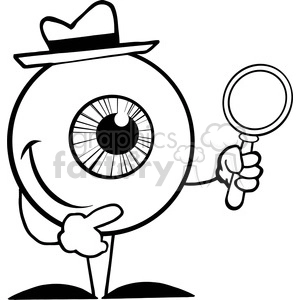 The clipart image shows a whimsical and comical character that appears to be a large, anthropomorphic eye. The eye character is wearing a fedora hat and standing upright on two legs. It is holding a magnifying glass in one 'hand' while the other 'hand' is pointed upwards, as if the eye character is making a gesture or pointing something out. The image is designed in a simple black and white line-art style, commonly used for comic illustrations or humorous drawings.