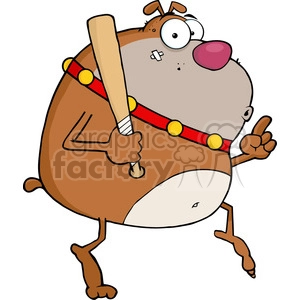 The image depicts a comical drawing of a brown bulldog character. The dog appears to be standing on its hind legs, carrying a baseball bat over its shoulder, and wearing a spiked collar. The character has a humorous expression with one eye popped out, a bandage on its face, and is making a peace sign with one hand.