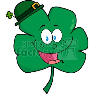 The clipart image shows a cartoon representation of a four-leaf clover with a playful face. It has large expressive eyes, freckles, and a wide, happy mouth with a tongue sticking out. The clover is also sporting a classic green top hat with a gold buckle, commonly associated with Irish folklore and St. Patrick's Day celebrations.