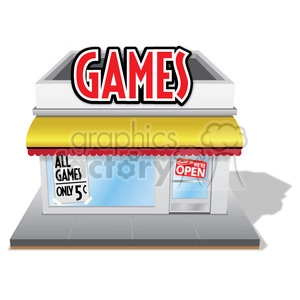 The clipart image depicts a vintage retro-style game store with a storefront. The building features a bright yellow awning with a red scalloped edge, a large sign on the top reading GAMES in red lettering, and a window displaying a sign that says ALL GAMES ONLY 5¢. There's also an 'Open' sign on the door indicating the business is currently open.