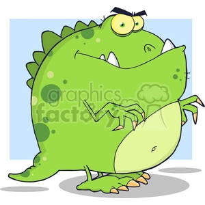 The clipart image features a comical, cartoonish green dinosaur. The dinosaur has a big, round body with darker green spots, a protruding belly, and a wide, toothy grin. It has one eye larger than the other, creating a goofy expression, and the larger eye is accentuated with a small, black, triangular eyebrow. The dinosaur’s arms are thin and stick-like, raised as if it's trying to balance or perform a task. Additionally, the dinosaur has four clawed toes on each foot; the claws are a tan or light brown color. It stands against a simple, light blue background.