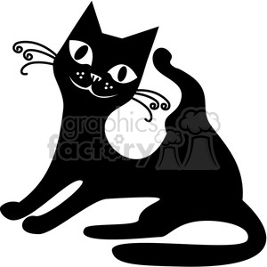 The image is a clipart illustration of a black cat. The cat appears to be sitting and turning its head to scratch itself with the hind leg. Its facial features, such as the eyes, nose, and whiskers, along with decorative flourishes, are depicted in white, contrasting with the black silhouette of its body.