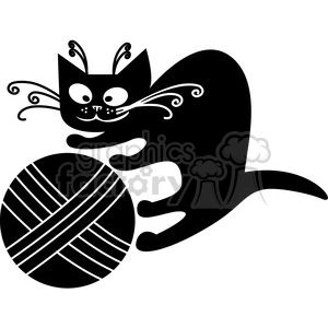 The clipart image features a stylized black-and-white depiction of a playful cat interacting with a large ball of yarn. The cat appears animated with exaggerated features such as large eyes and curly whiskers, typical of a simplified or cartoon-style illustration meant to convey a sense of playfulness and innocence.