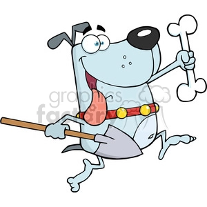 The clipart image features a comical blue dog with a large red tongue, wearing a red collar with yellow accents. The dog is animated and humanoid, holding a bone in one hand/paw and a shovel in the other. It seems to be dancing or skipping joyfully, as if it's very pleased with itself for having dug up the bone.