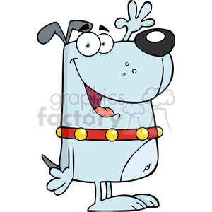 The clipart image features a cartoon representation of a dog. This dog has a funny, exaggerated appearance with large, goofy eyes, one ear sticking up and the other flopping down, a happy open-mouthed smile displaying its tongue, and a round black spot around one eye. The dog sports a red collar with yellow accents, and it stands in a playful pose with one arm raised slightly.