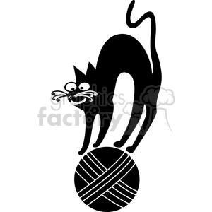 The image is a black and white clipart that depicts a black cat with its paws on a large yarn ball. The cat’s tail is arched upward, and the cat appears to be playing with or standing over the yarn ball. The style is simple and graphic, with minimal detail, emphasizing the silhouette of the cat.