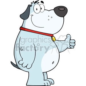 The image features a comical cartoon dog standing upright on its hind legs. The dog is blue-grey with a big, white muzzle and belly, a dangling tongue, and a goofy facial expression with large, bulgy eyes. It wears a red collar with a gold tag. The dog's right front paw is held up with the thumb out in a classic hitchhiking gesture. The illustration is humorous, depicting the dog as if it were a person trying to hitch a ride.