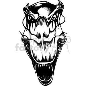 The clipart image depicts an aggressive-looking dinosaur head with its mouth open, showcasing sharp teeth in a snarling or roaring pose. The design has a bold, black and white contrast, which gives it a tattoo-like appearance and makes it suitable for vinyl cutting.