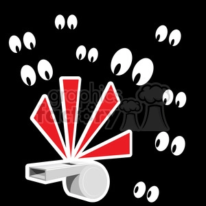 This clipart image features a whistle, with emphasis on the action of blowing the whistle. The whistle has a simple, stylized design with a glossy metallic appearance and a red burst symbolizing the sound coming from it. Surrounding the whistle are multiple eyes looking at it