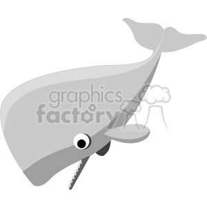 The clipart image depicts a stylized grey whale with a visible eye and mouth line, a flipper, and a fluked tail typically seen on cetaceans. Since it lacks additional context like water or underwater scenery, it's not directly shown as underwater.