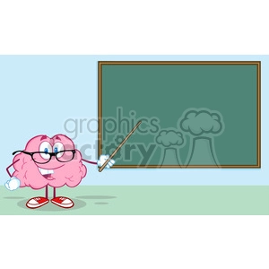 5815 Royalty Free Clip Art Smiling Brain Teacher Character With A Pointer In Front Of Chalkboard