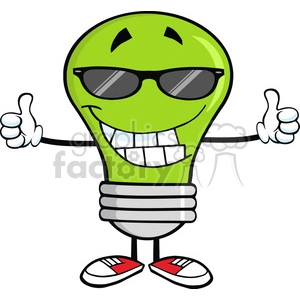 6088 Royalty Free Clip Art Smiling Green Light Bulb With Sunglasses Giving A Double Thumbs Up