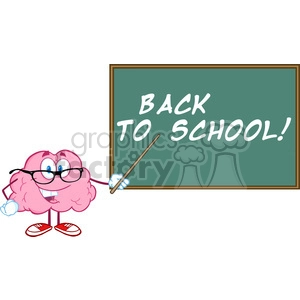 5816 Royalty Free Clip Art Smiling Brain Teacher Character With A Pointer In Front Of Chalkboard With Text